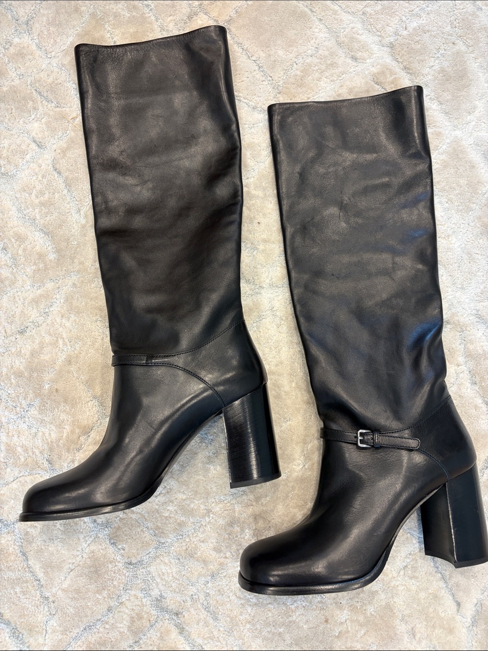 New Miu Miu black Leather Knee-High Block Heel Boots -riding style